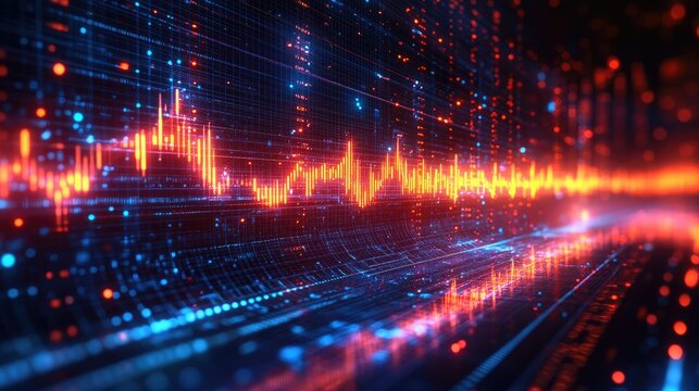 A digital representation of sound waves with vibrant colors and data visualization elements.