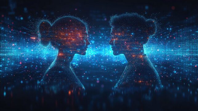 A digital representation of two profiles facing each other amidst a backdrop of glowing data points.