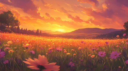 Naklejka premium Sunset over a field of wildflowers and rolling hills