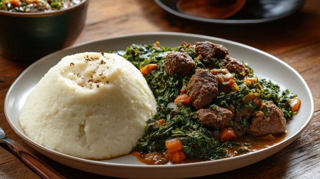 Traditional Kenyan ugali with sukuma wiki and meat stew. Featuring a hearty and flavorful dish. Highlighting the texture and flavors of the ugali. Ideal for food and cultural themes.