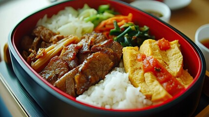 A traditional Japanese bento lunch box with a variety of dishes including rice, meat, and seasonal vegetables.