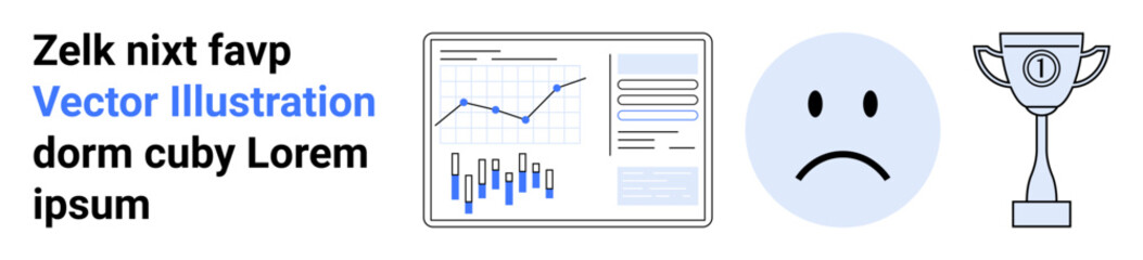 Chart with data trends, sad face emotion, trophy. Themes business performance, emotions, achievement, data analysis, success vs. failure, motivation, goal setting. Landing page