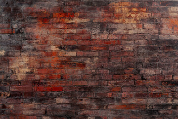 Fototapeta premium A large, flat brick wall with a damaged surface, photographed in high resolution, suitable for an industrial background. The bricks come in various shades of red and brown, creating the look of aged a