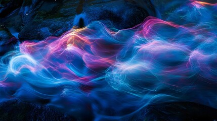 Obraz premium Abstract Light Trails Flowing Over Dark Rocks