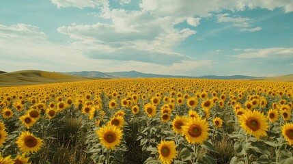 Obraz premium A vast sunflower field dotted with bright yellow blooms, with a cloudy blue sky creating a serene atmosphere.