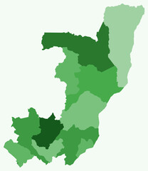 Map of the Republic of the Congo with regions. Just a simple country border map with region division. Green color palette. Plain Republic of the Congo shape with administrative division.