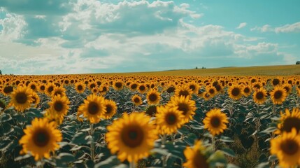 Obraz premium A vast sunflower field stretching into the distance, with vibrant yellow blooms under a cloudy blue sky.