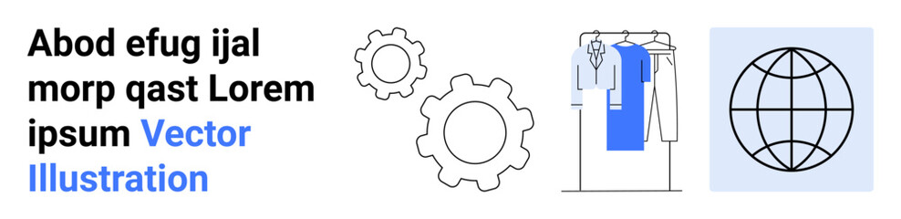 Two interlocking gears, clothing hanging on a rack with shirt highlighted in blue, and a globe. Ideal for app development, technology services, fashion industry, global business, innovation