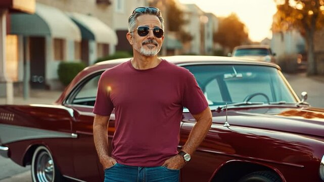 A man in a red shirt stands in front of a vintage car