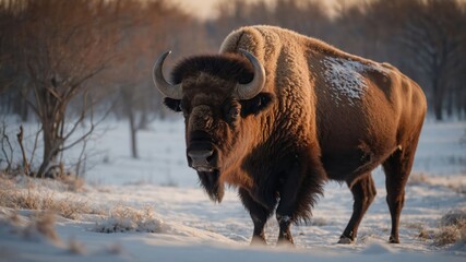 A bison walking through a snowy landscape at dusk.