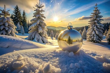 A snowy wonderland viewed from above, a glistening Christmas bauble rests amidst the winter scene.