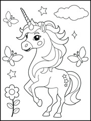 Illustration of a cute baby unicorn cartoon character. Black and white Printable Unicorn coloring page for kids. © laky