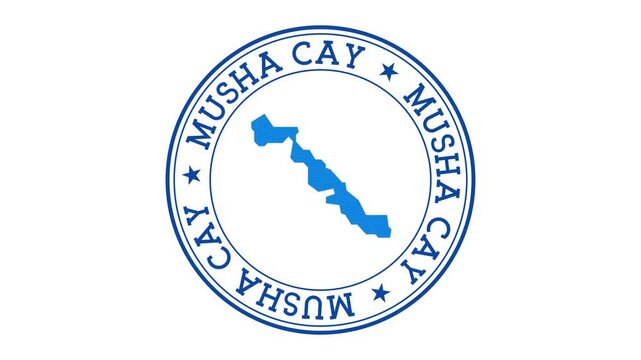 Musha Cay intro. Badge with the circular name and map of island. Musha Cay round logo animation.