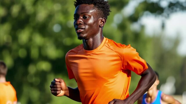 A black man in an orange shirt runs through a park. The man wore a baseball cap and a beard.