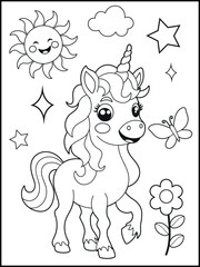 Illustration of a cute baby unicorn cartoon character. Black and white Printable Unicorn coloring page for kids.