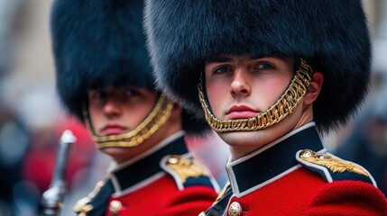 Two guardsmen in iconic red tunics and tall black bearskin hats stand facing the camera. Close-up view.
