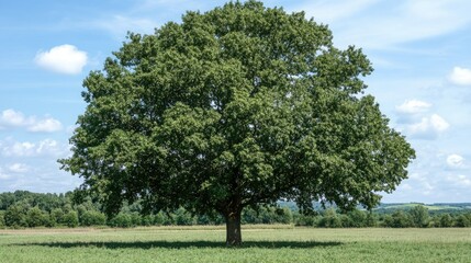 A vibrant green tree with a thick canopy of leaves, standing tall under a sunny blue sky.