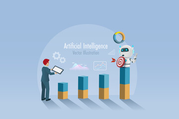 AI artificial intelligence robot holding marketing target on business growth graph. AI technology as smart assistant for business analysis to develop smart solution and growth profit. Vector.