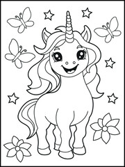 Illustration of a cute baby unicorn cartoon character. Black and white Printable Unicorn coloring page for kids.