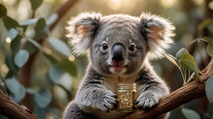 Fototapeta premium A koala holds a jar, perched on a branch amidst lush greenery.