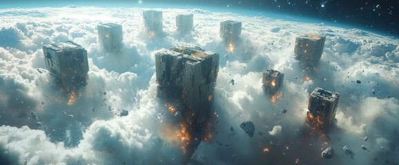 Cubic structures falling through clouds,  planet background, sci-fi concept art