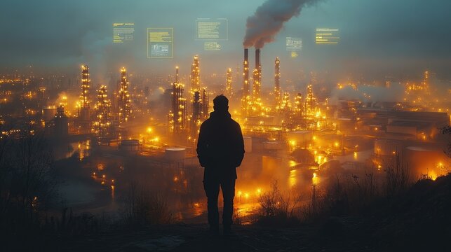 A figure stands overlooking a glowing industrial landscape, surrounded by data overlays and smoke.