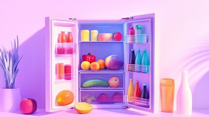 A vibrant open fridge filled with various fruits, vegetables, and drinks, neatly arranged and isolated on a white wall background.