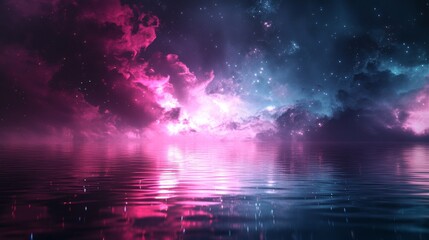 Spiritual enlightenment scene, cosmic vortex radiating pink and azure energy, meditative silhouette with water reflection, floating celestial elements, ethereal star effects, mystical portal
