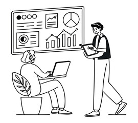 Set business flat line art vector illustration design cartoon character working action style concept. online video conference meeting. Business planning. data analytics