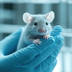 A small, light gray lab mouse gently held in gloved hands.