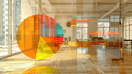A digital pie chart and bar graph overlaying an image of an office.