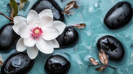 Serene spa composition with floating black basalt stones, blooming white magnolia flower with pink...