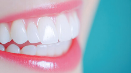 Teeth and tooth, Close-up of a bright, healthy smile with white teeth and subtle pink lips against a soft blue background.