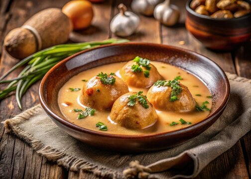 Close-up: Creamy Nantua sauce coats delicate pike quenelles on a rustic plate.