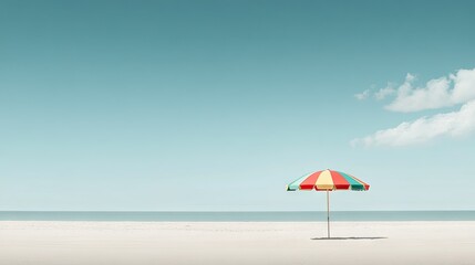 A vibrant striped beach umbrella on the sand, with a crisp blue sky above and minimal clouds.
