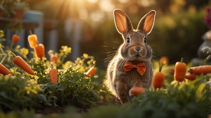 A cute rabbit wearing a bow tie amidst carrots in a sunny garden.