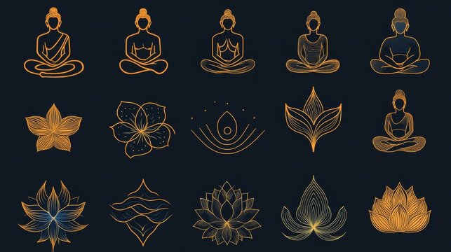 Contemplative wellness symbols featuring simplified human forms, flowing energy lines, blooming lotus flowers, sound wave patterns, minimalist two-tone palette in indigo and golden orange, cohesive