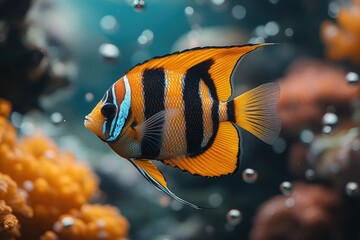 Naklejka premium Striped orange angelfish swims in aquarium.