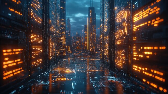 A futuristic cityscape illuminated by glowing data streams and tall skyscrapers.