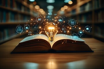 Open book on wooden table with glowing light bulb and magical sparks and particles on  library background,