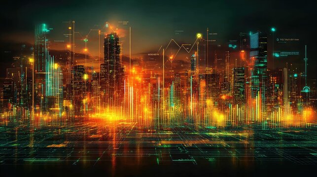 A futuristic cityscape illuminated by vibrant data visualizations and digital elements.