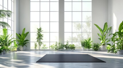 serene wellness studio, floor-to-ceiling windows, green leafy plants, white interior walls, black yoga mat, morning light, scandinavian minimalism, zen atmosphere