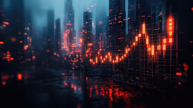 A futuristic cityscape with glowing data charts, symbolizing technology and finance.
