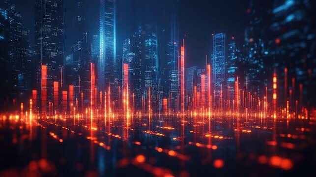 A futuristic cityscape with glowing data visualizations in a digital environment.