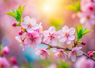 Naklejka premium Delicate pink cherry blossoms, macro-captured; spring's floral artistry in a sprig.