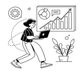 Set business flat line art vector illustration design cartoon character working action style concept. online video conference meeting. Business planning. data analytics