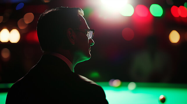 Referee in a billiards, pool, or snooker tournament in colorful competitive backdrop. Captures the essence of skill, concentration, and the vibrant energy of cue sports. Image made using Generative AI
