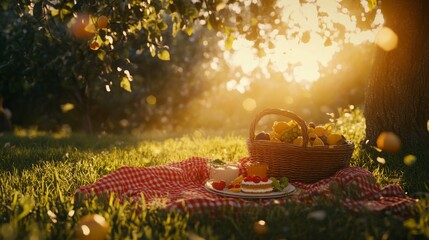 Picnic scene in lush garden, red gingham blanket on grass, woven wicker basket filled with fruits, homemade cake on plate, ethereal golden sunset light filtering through trees, bokeh effect, soft