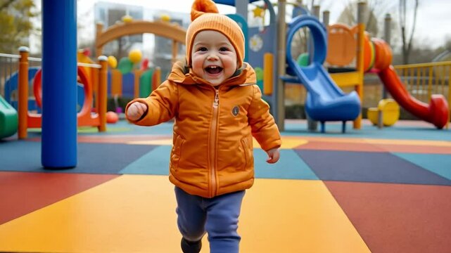A young child wearing a yellow jacket and blue pants is running in a park