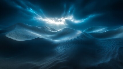 Submerged sand dunes beneath surface waters, otherworldly light streams piercing ocean depths, untouched seafloor terrain, dramatic crepuscular rays underwater, marine light phenomena, underwater